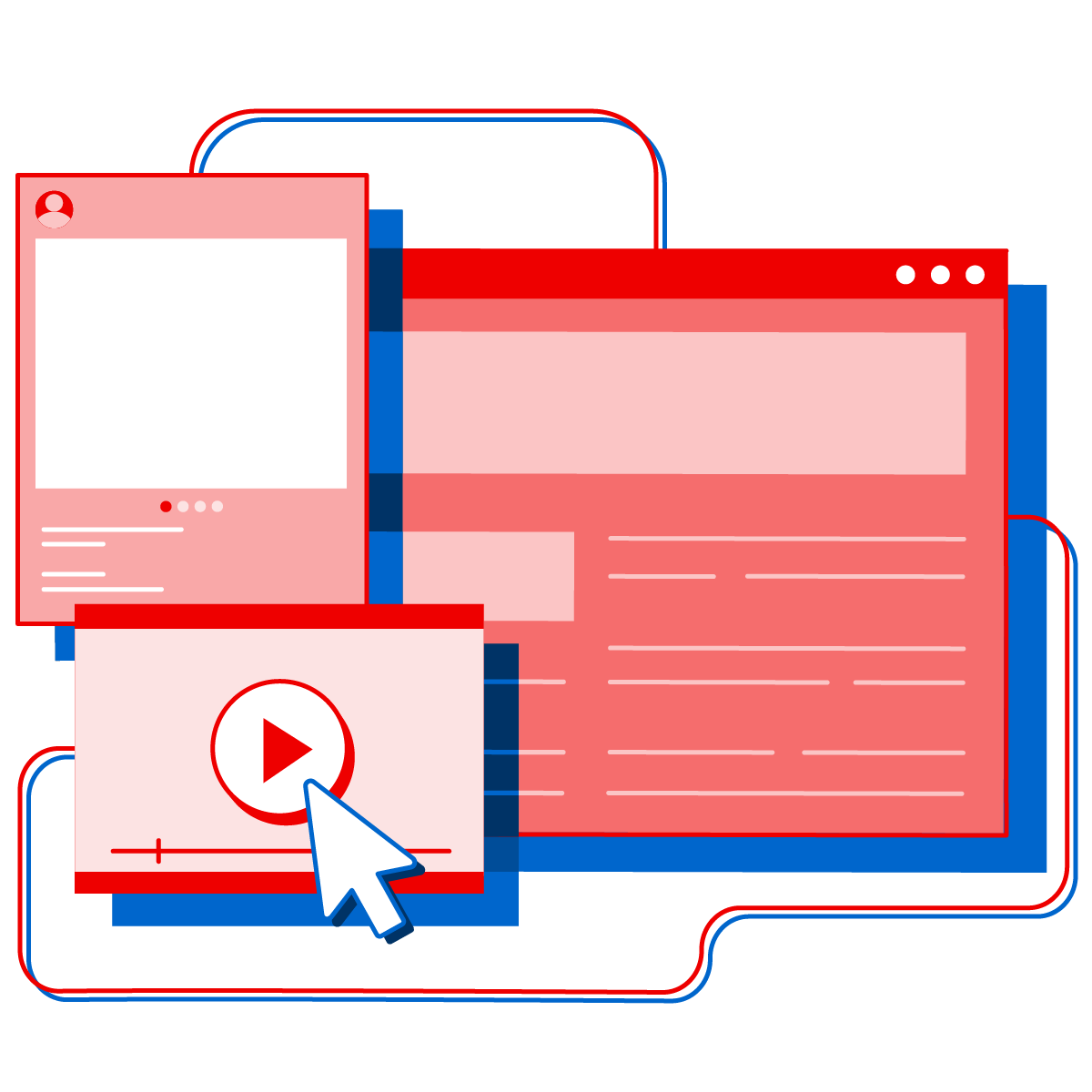 Blog_Hub_Hero Illustration with media player, tablet and desktop overlapping one another.